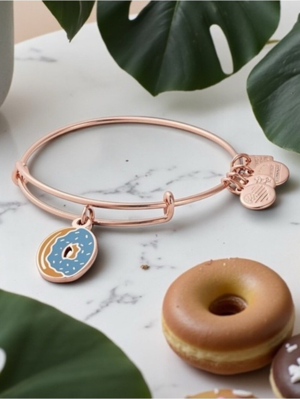 Rose Gold Donut Charm Bangle Bracelet - Blue Donut Charm